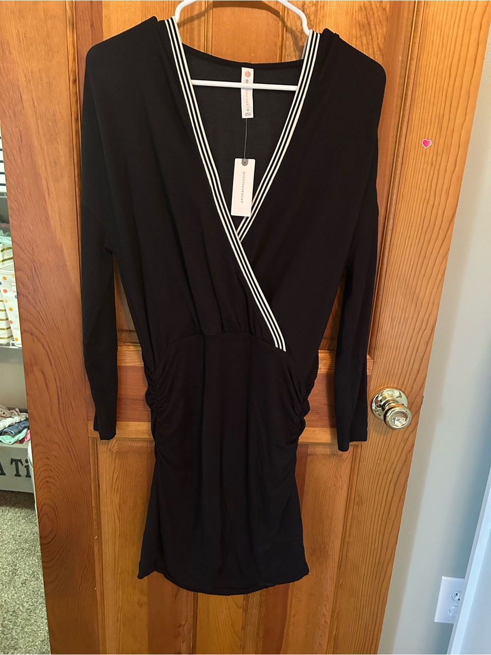 Anthropologie Black Long-Sleeve Wrap Dress with White Stripe Trim
